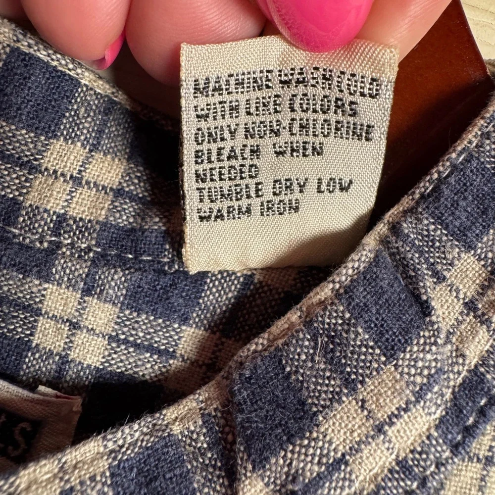 Vintage Cool Blues Mens Size Large Gingham Plaid‎ Shirt Linen Blend Casual Top